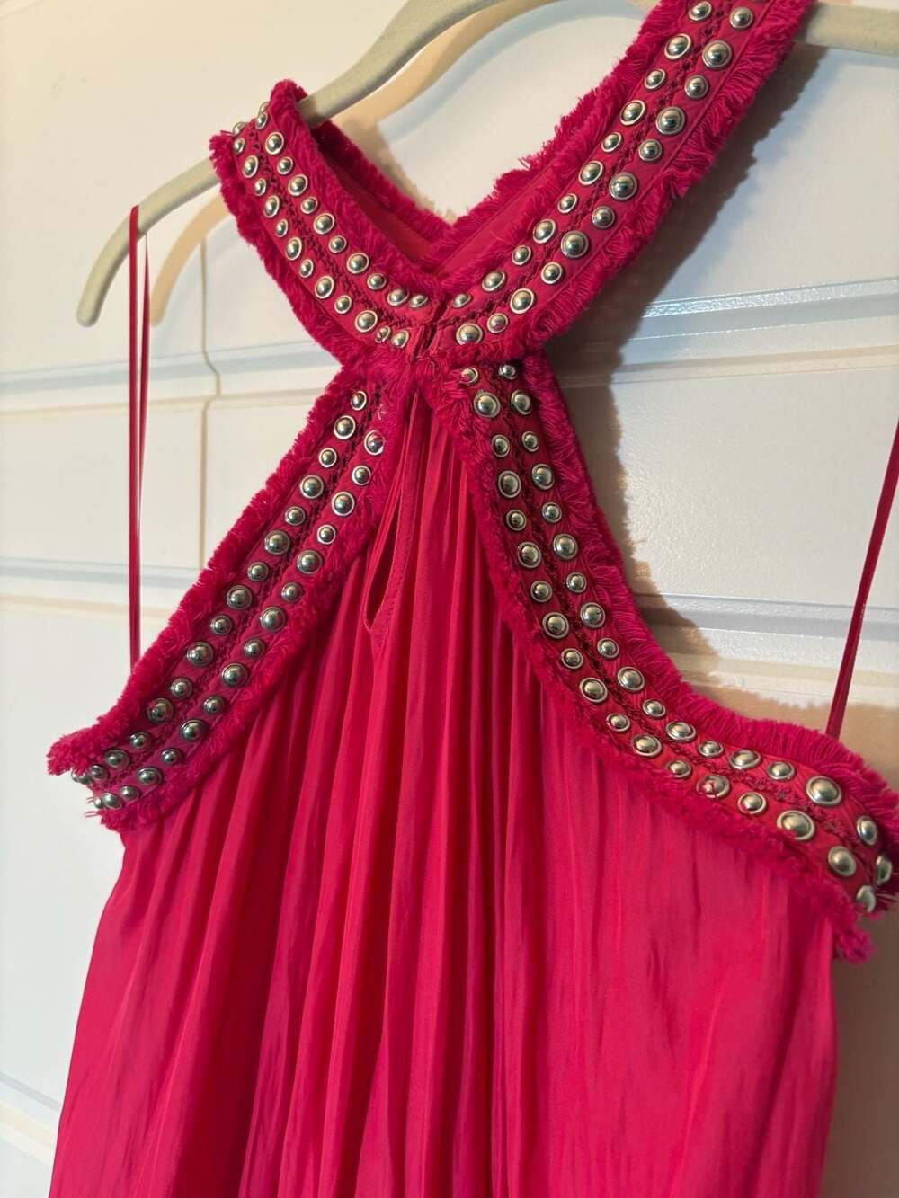 Ramy Brook Alara Hot Pink Halter Mini Dress with Studded Frayed Trim - Picture 4 of 9